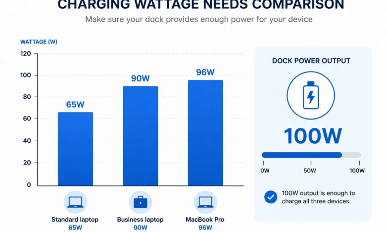 Bar chart comparing laptop charging wattage needs against a docking station's power delivery output