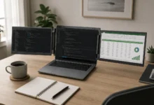 Laptop monitor extender attached to a laptop lid, showing two extra screens on a home office desk