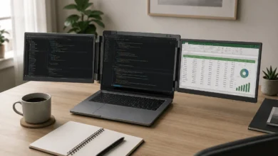 Laptop monitor extender: how to pick the right one 1 Laptop monitor extender attached to a laptop lid, showing two extra screens on a home office desk