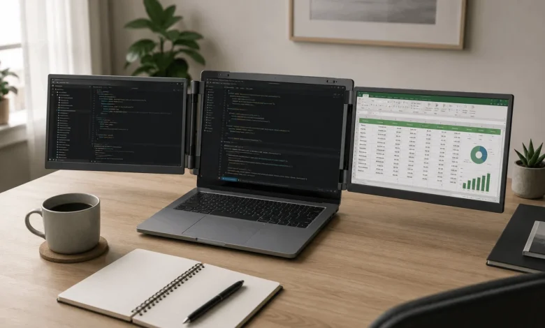 Laptop monitor extender attached to a laptop lid, showing two extra screens on a home office desk