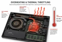 Cutaway diagram of a laptop cooling system with dust buildup causing overheating and thermal throttling