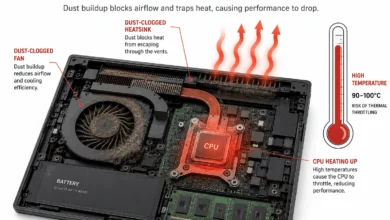 Why Is My Laptop So Slow? 8 Real Fixes That Work 5 Cutaway diagram of a laptop cooling system with dust buildup causing overheating and thermal throttling