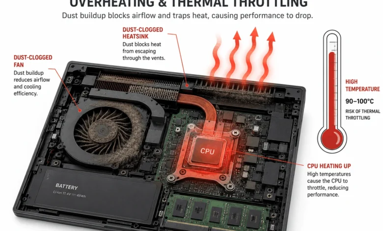 Why Is My Laptop So Slow? 8 Real Fixes That Work 1 Cutaway diagram of a laptop cooling system with dust buildup causing overheating and thermal throttling