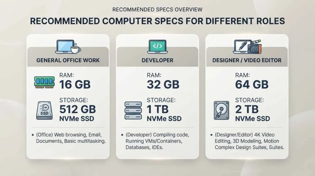 Table comparing recommended laptop RAM and storage for office work, developers, and designers