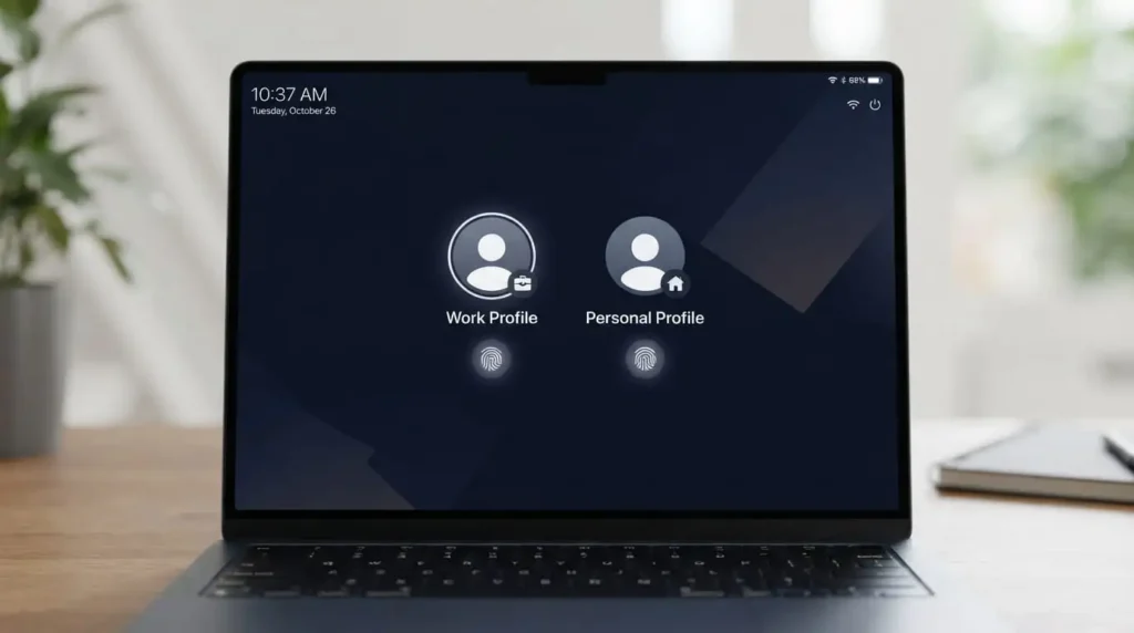 Laptop login screen showing separate work and personal user profiles for data security