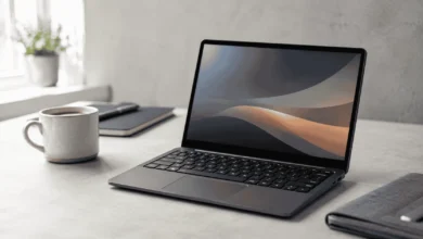 Compact mini laptop open on a desk, showing its small 11-inch screen and portable design