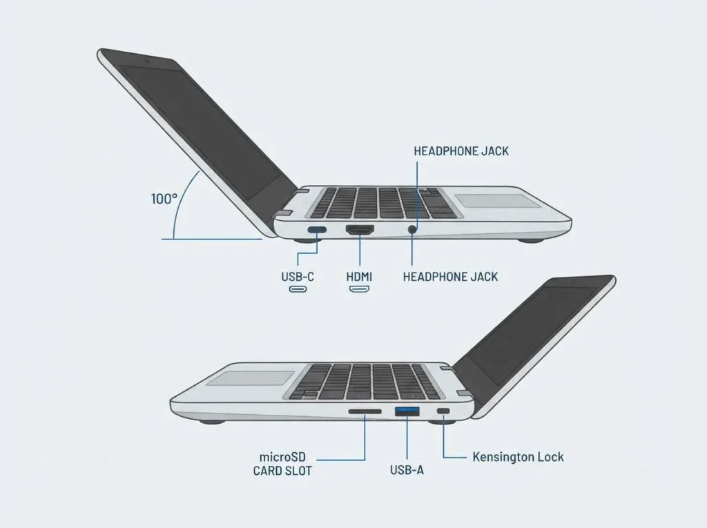 Mini laptop: What it is And How to Choose The Right One 2 Diagram showing labeled ports on a mini laptop, including USB-C, USB-A, HDMI, and microSD slot