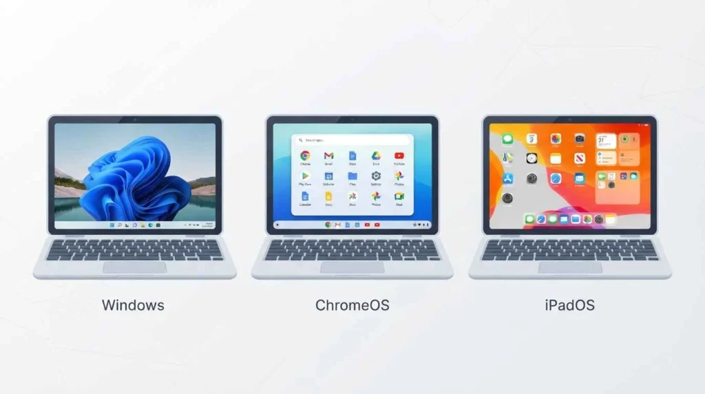 Mini laptop: What it is And How to Choose The Right One 4 Comparison chart of a mini laptop, a tablet with keyboard, and a standard laptop by weight, screen size, and OS