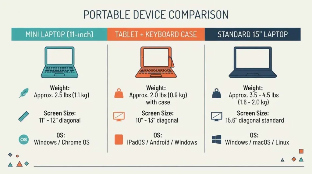 Mini laptop: What it is And How to Choose The Right One 3 Side-by-side comparison of Windows, ChromeOS, and iPadOS home screens on a mini laptop