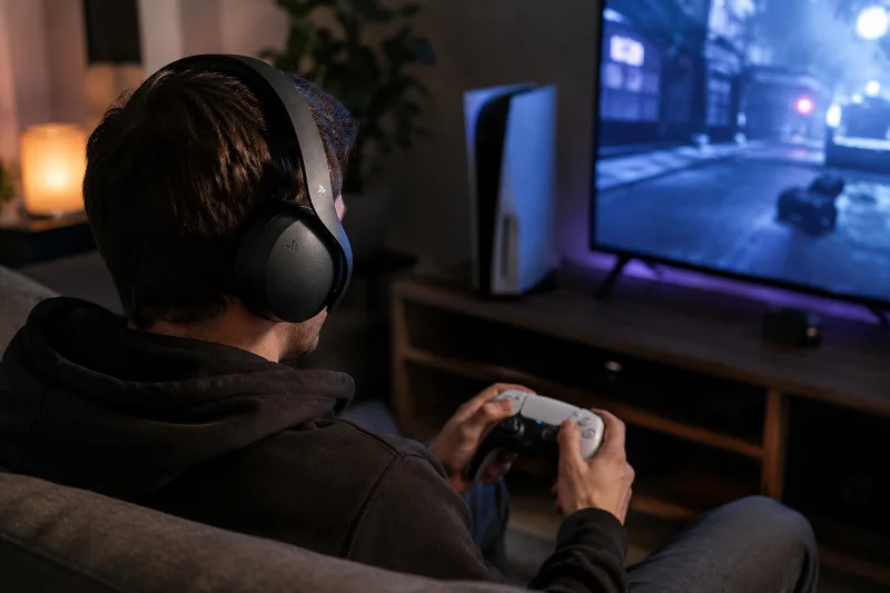 How to Connect Bluetooth Headphones to PS5 (2026) 3 gamer wearing wireless headset connected to PS5