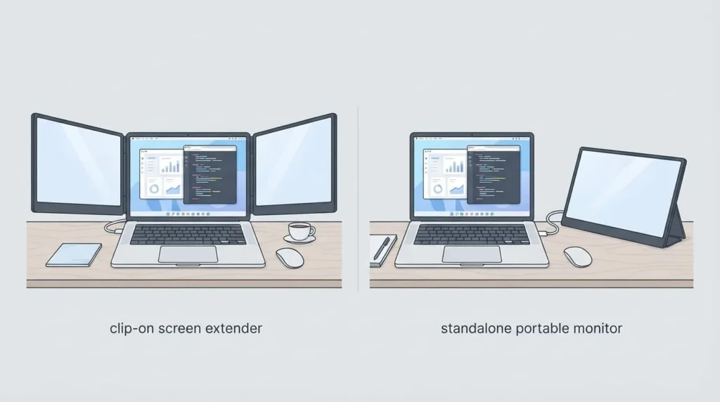 Comparison of a clip-on laptop monitor extender versus a standalone portable monitor