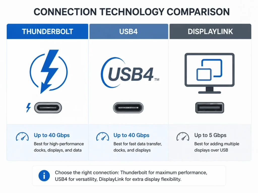 Comparison graphic of Thunderbolt, USB4, and DisplayLink docking connections showing speed and best use case