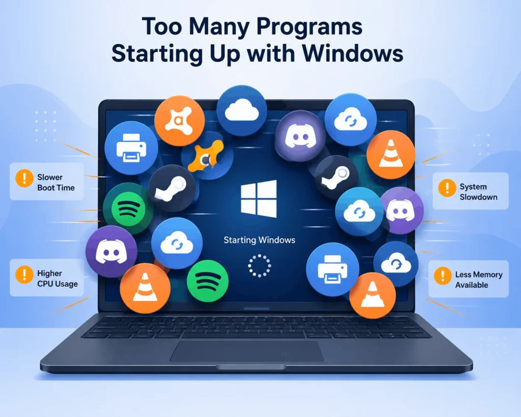 Why Is My Laptop So Slow? 8 Real Fixes That Work 4 Illustration of multiple background apps and startup programs competing for resources on laptop boot