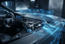 Illustration blending a car engine with glowing digital diagnostic data, representing modern automotive technology