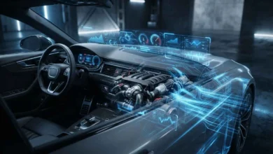 What Automotive Technology Really Means 9 Illustration blending a car engine with glowing digital diagnostic data, representing modern automotive technology