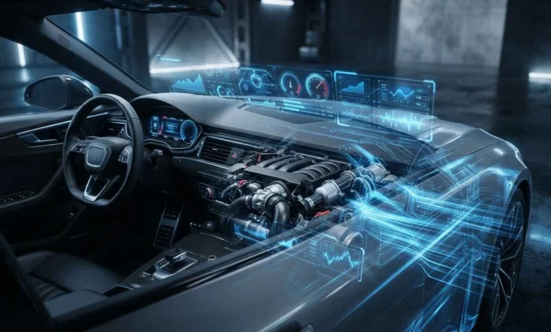 Illustration blending a car engine with glowing digital diagnostic data, representing modern automotive technology