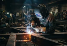 Welder using modern welding technology to MIG weld a steel frame in an industrial workshop