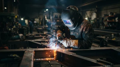 Welding Technology: How Modern Welding Works and Where It's Headed 8 Welder using modern welding technology to MIG weld a steel frame in an industrial workshop