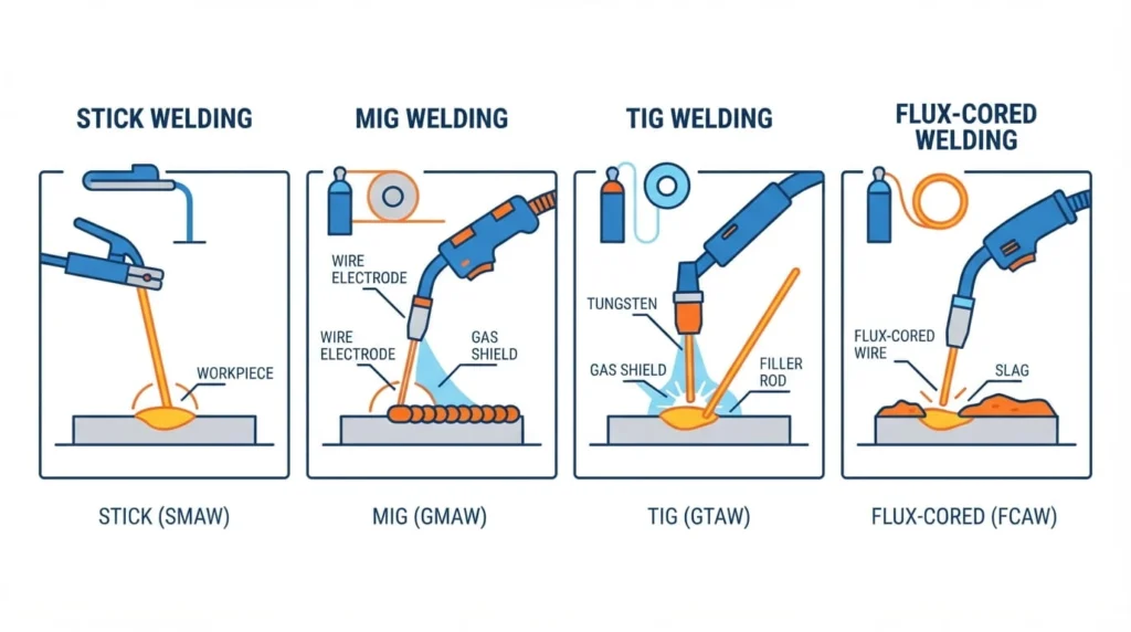 Welding Technology: How Modern Welding Works and Where It's Headed 2 Diagram comparing SMAW, MIG, TIG, and flux-cored welding processes used in welding technology