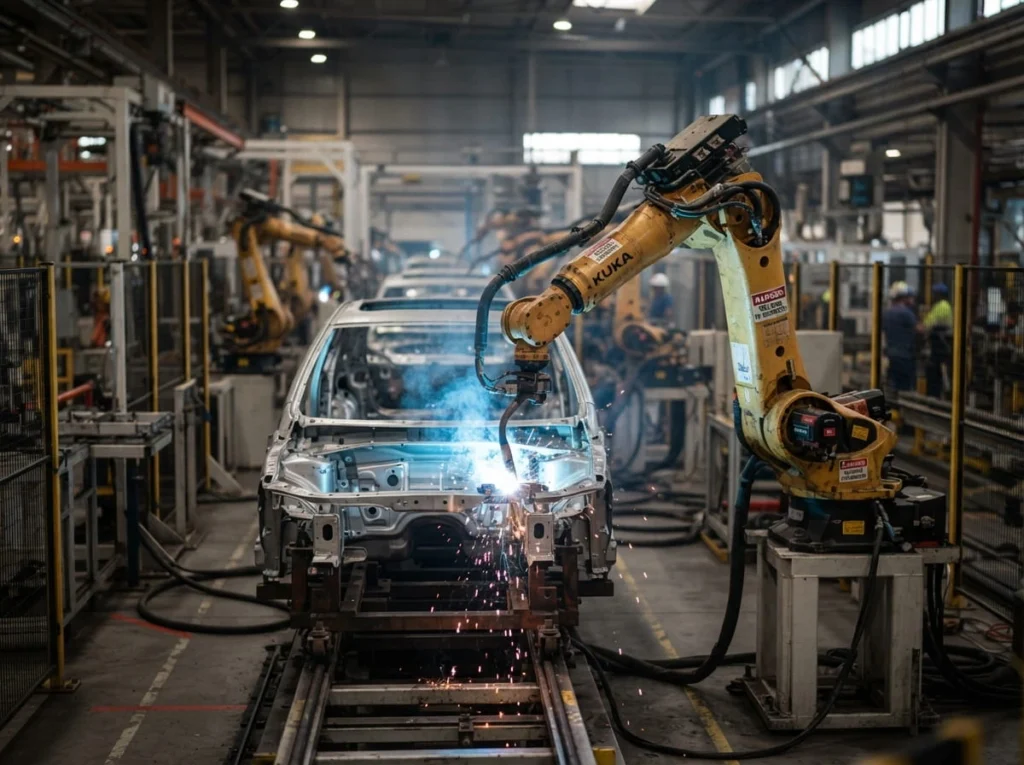 Welding Technology: How Modern Welding Works and Where It's Headed 3 Robotic arm using automated welding technology to weld a car frame on a factory line