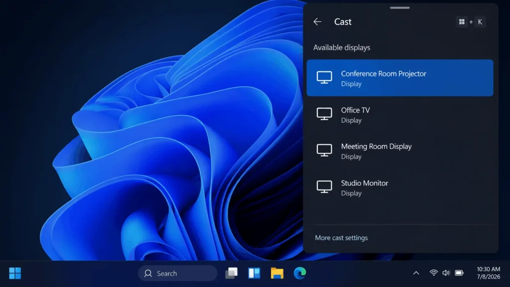 Windows Cast panel showing a list of available wireless displays with a projector option highlighted
