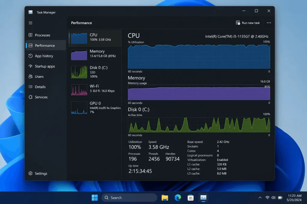 Why Is My Laptop So Slow? 8 Real Fixes That Work 2 Windows Task Manager Performance tab showing CPU, memory, and disk usage graphs to diagnose a slow laptop