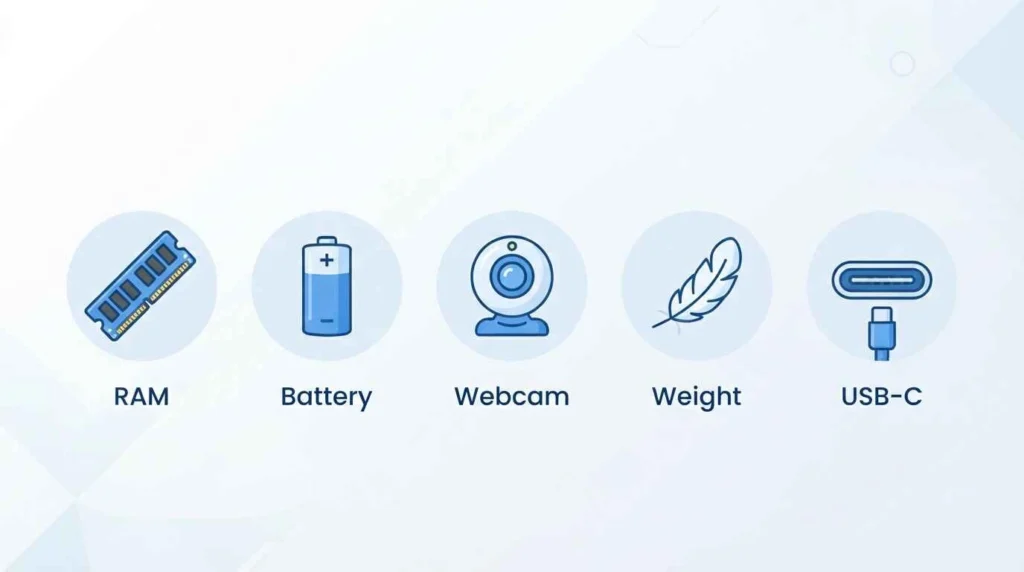 Infographic showing 5 things to check when buying a laptop for working from home: RAM, battery, webcam, weight, and ports