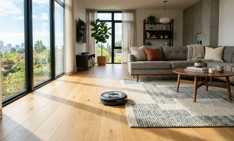 Best Robot Vacuum for Hardwood Floors: Top Picks and Buyer Guide 1 A high-end robot vacuum cleaning polished oak flooring, representing the best robot vacuum for hardwood floors.