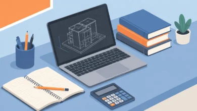 Illustration of a laptop displaying a 3D CAD model on a student desk, representing the best laptops for engineering students