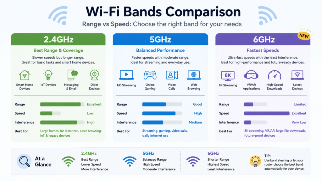 How to Improve Wifi Signal at Home (2026 Guide) 2 Comparison chart showing wifi band range and speed differences