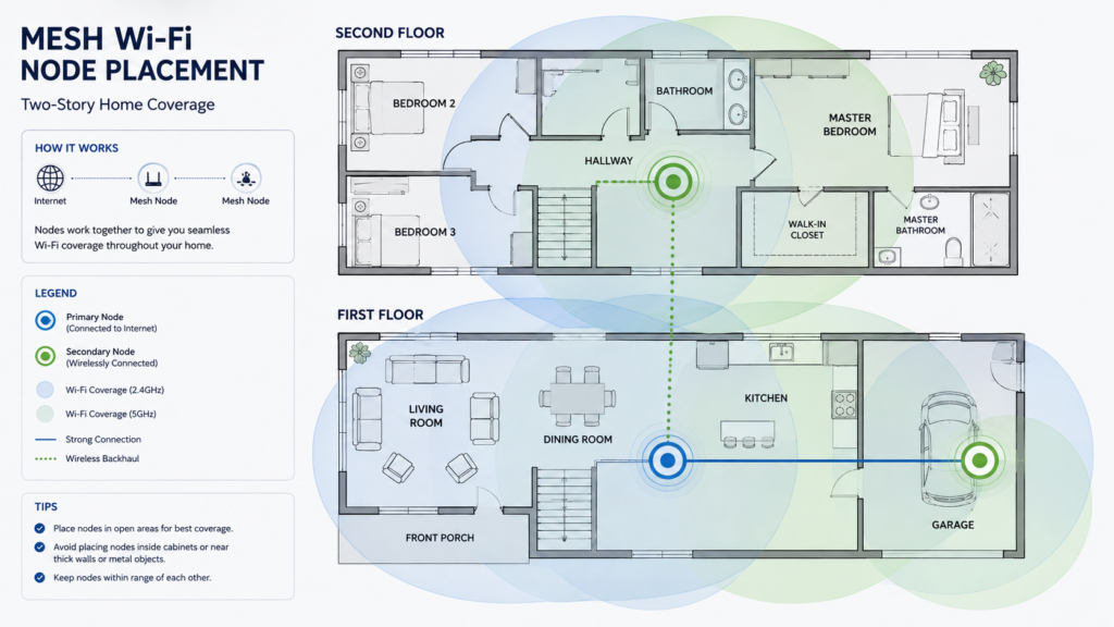 How to Improve Wifi Signal at Home (2026 Guide) 3 Floor plan showing optimal mesh wifi node placement for full coverage