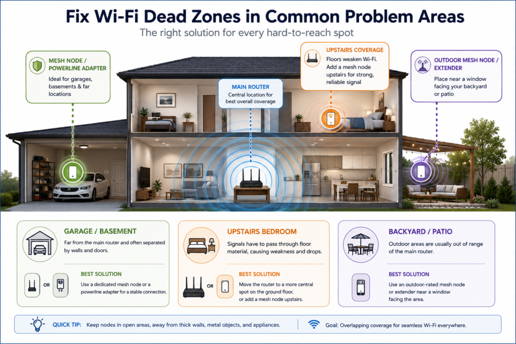 How to Improve Wifi Signal at Home (2026 Guide) 4 Home Wi-Fi coverage guide showing solutions for dead zones in garages, basements, upstairs bedrooms, and outdoor patios using mesh nodes, extenders, and powerline adapters.