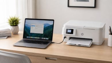 MacBook and printer on a desk showing how to add a printer to a Mac