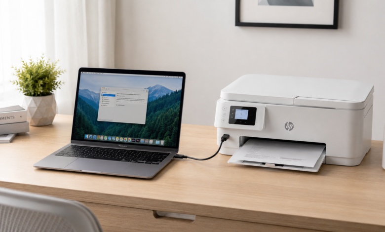 How to Add a Printer to a Mac (Step-by-Step Guide) 1 MacBook and printer on a desk showing how to add a printer to a Mac