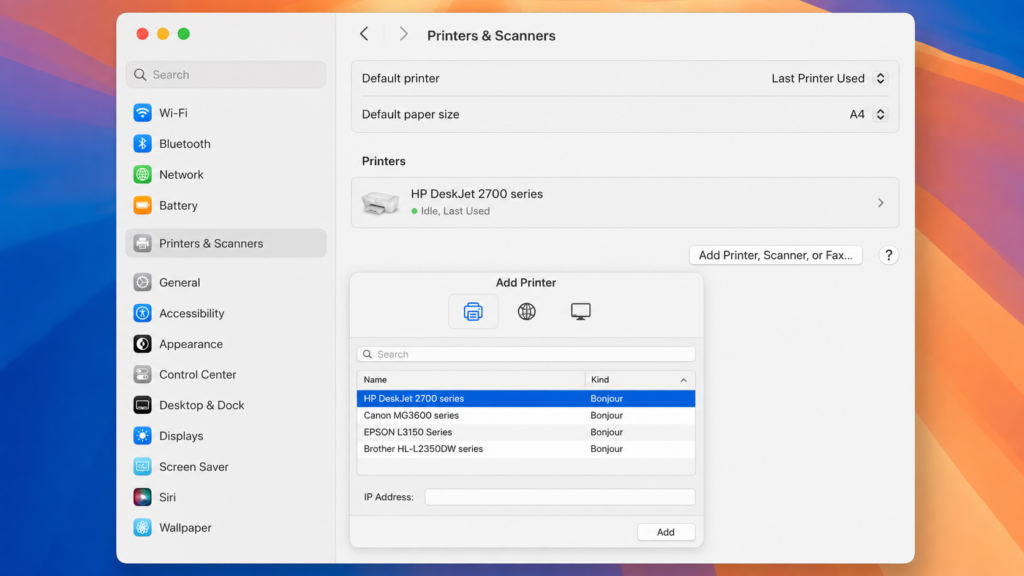 How to Add a Printer to a Mac (Step-by-Step Guide) 2 macOS Printers and Scanners panel showing how to add a printer to a Mac