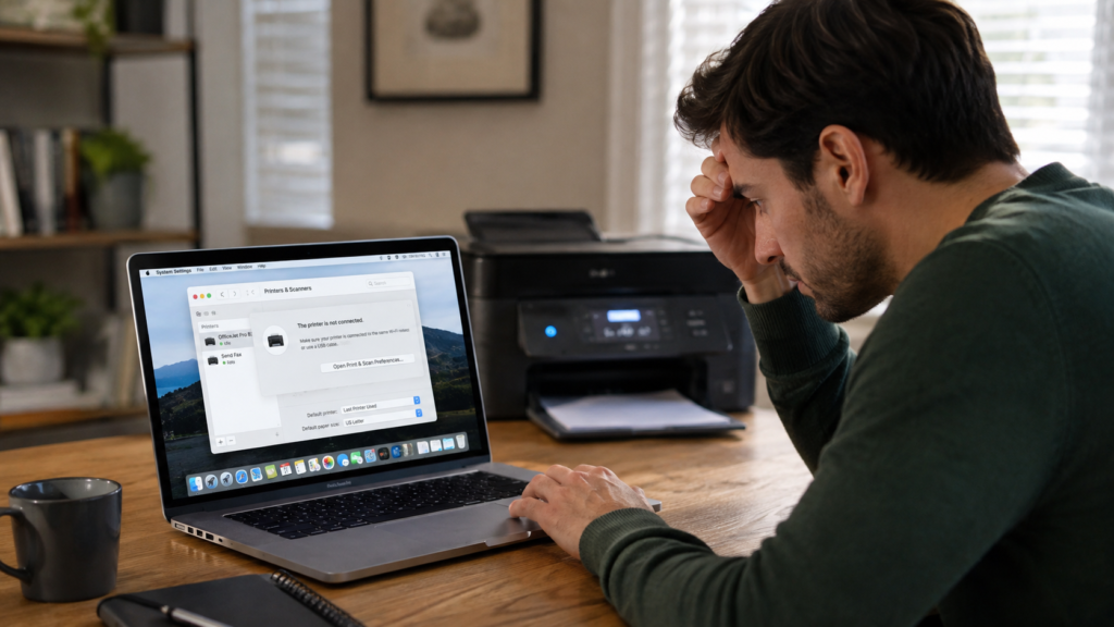 How to Add a Printer to a Mac (Step-by-Step Guide) 3 Person troubleshooting how to add a printer to a Mac that is not detected