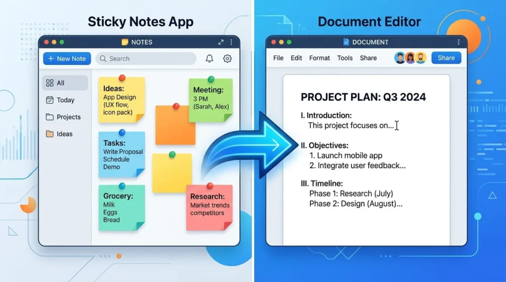 Illustration showing how to use Google Keep alongside Google Docs and Drive