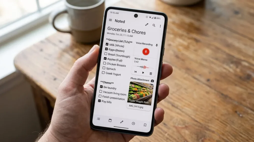 Smartphone screen showing checklist and voice note features when you use Google Keep