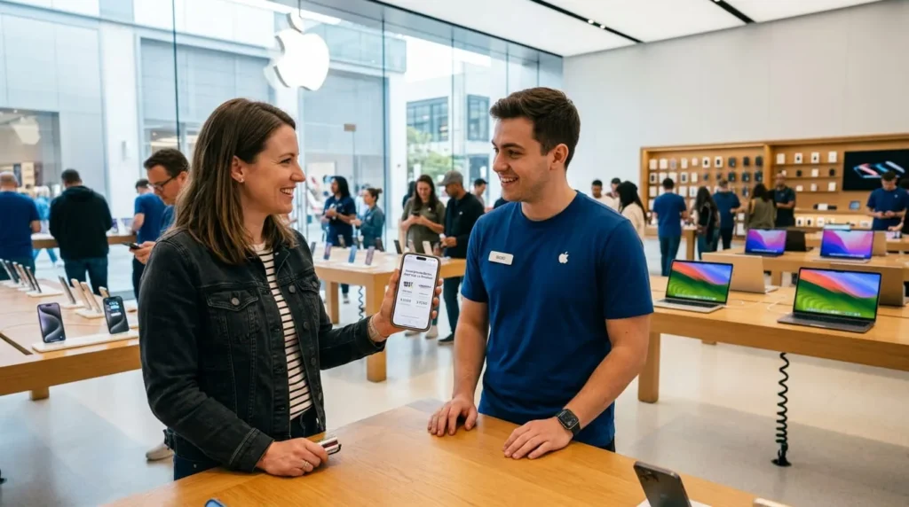 Customer showing a phone screenshot to ask does Apple price match at the checkout counter