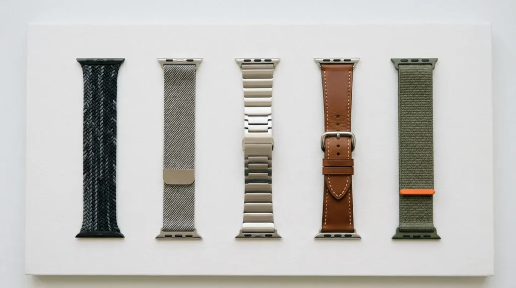 Five Apple Watch band styles laid out before changing an Apple Watch band
