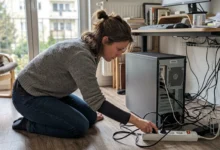 man checking power cable after computer won't turn on
