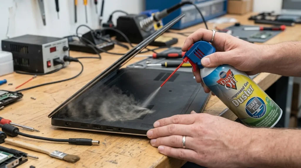 Using compressed air to clean laptop vents, a key step in how to fix laptop overheating caused by dust buildup