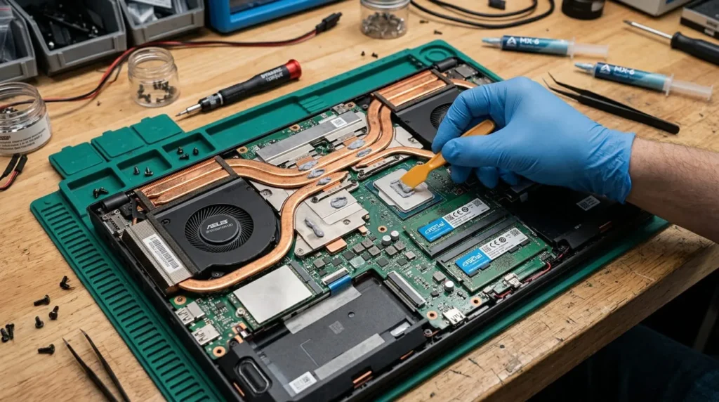 Applying fresh thermal paste to a laptop CPU, an advanced step in how to fix laptop overheating in older devices