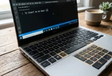 Windows laptop keyboard with the Alt key highlighted, showing how to type an em dash on Windows