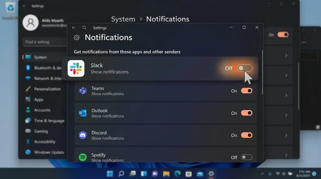 Settings menu showing how to turn off Windows notifications for one specific application