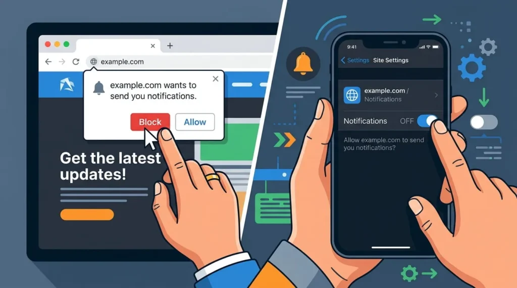 Browser settings menu demonstrating how to turn off Windows notifications triggered by websites