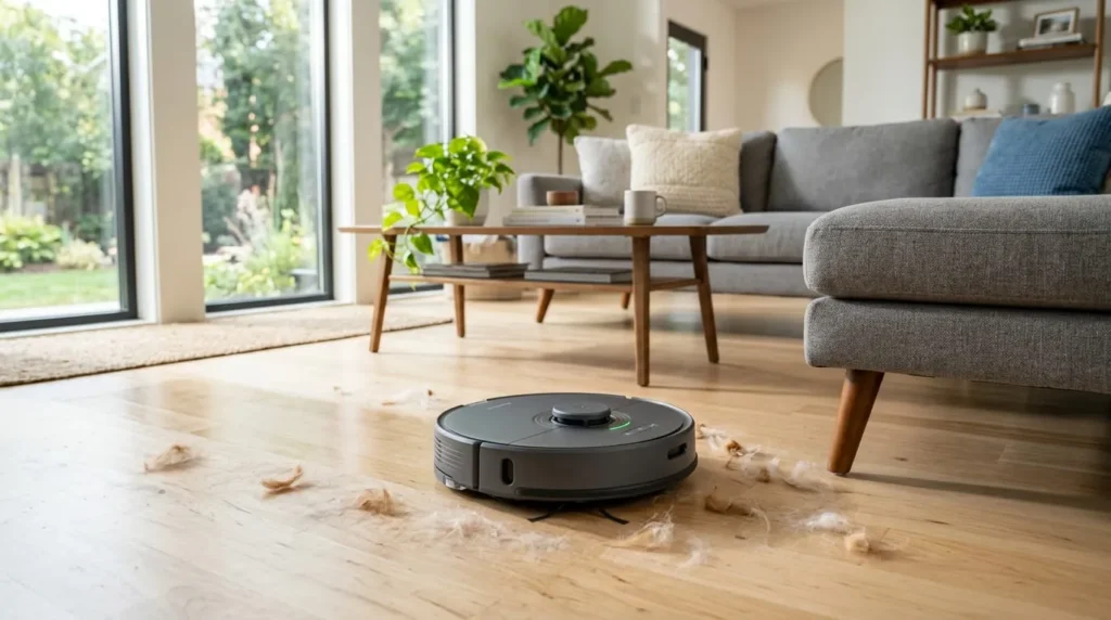 Best Robot Vacuum for Hardwood Floors: Top Picks and Buyer Guide 3 obot vacuum collecting pet hair from light hardwood floors without scattering debris.