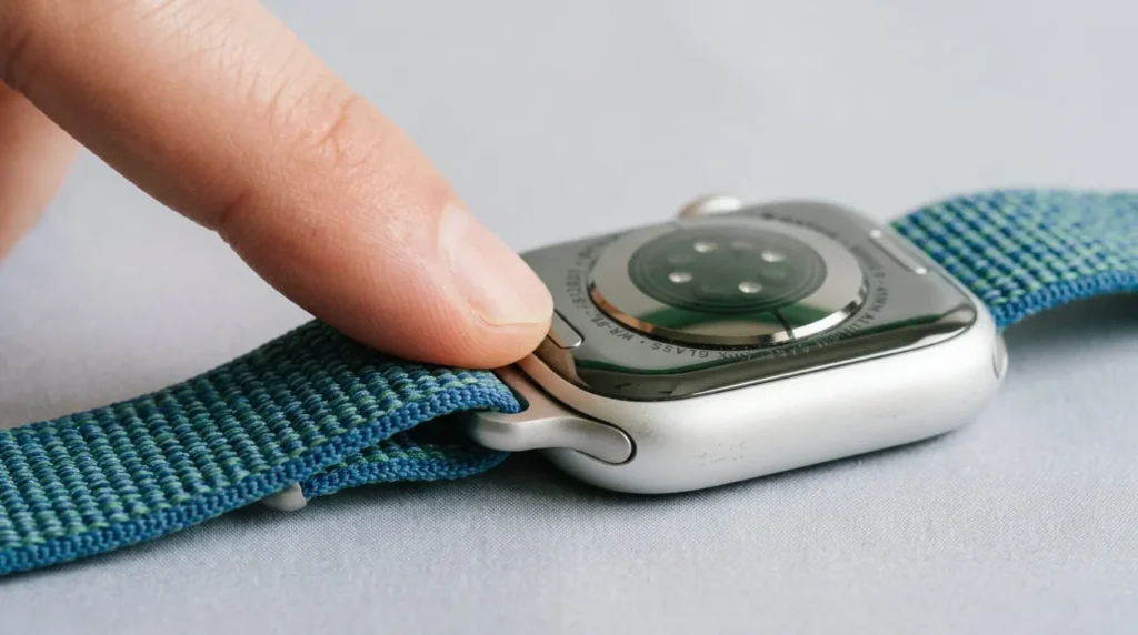 Close-up of a finger pressing the release button to change an Apple Watch band