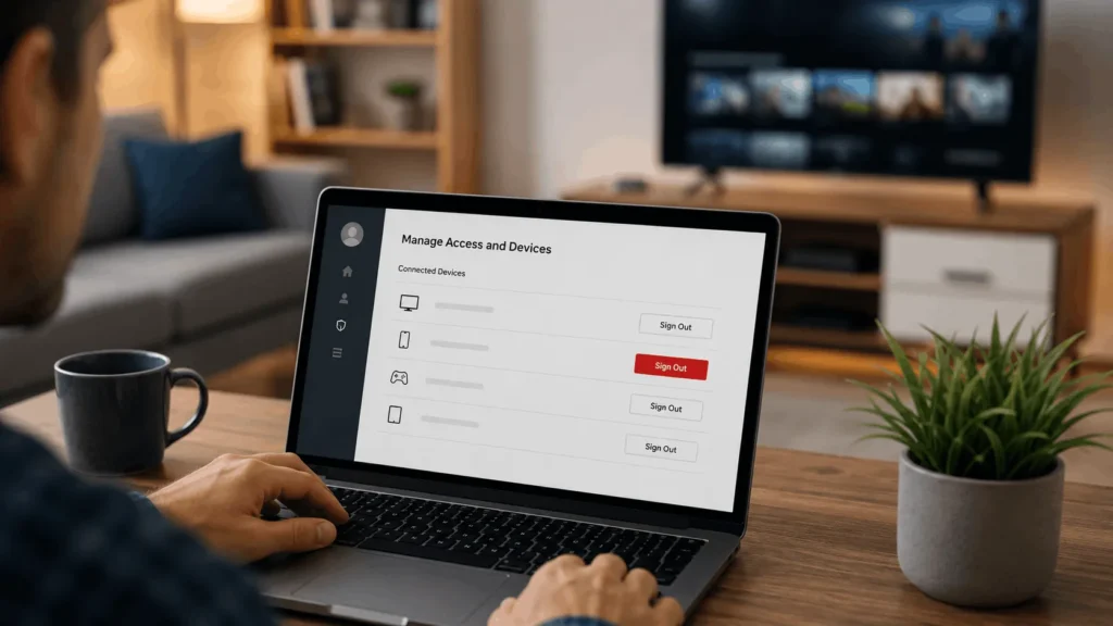 How to Sign Out of Netflix on Your TV (Every Method) 3 Person remotely signing out a TV streaming device from an account using a laptop, with a device management page visible on screen.