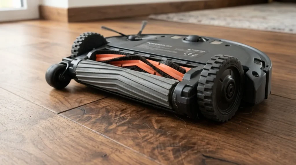 Best Robot Vacuum for Hardwood Floors: Top Picks and Buyer Guide 2 Close-up showing soft rubber rollers and wheels on a top-rated robot vacuum for hardwood floors.